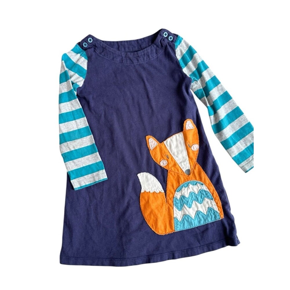 Mini Boden Dress Fox Appliqué long sleeve navy blue stripes Size 5-6Y